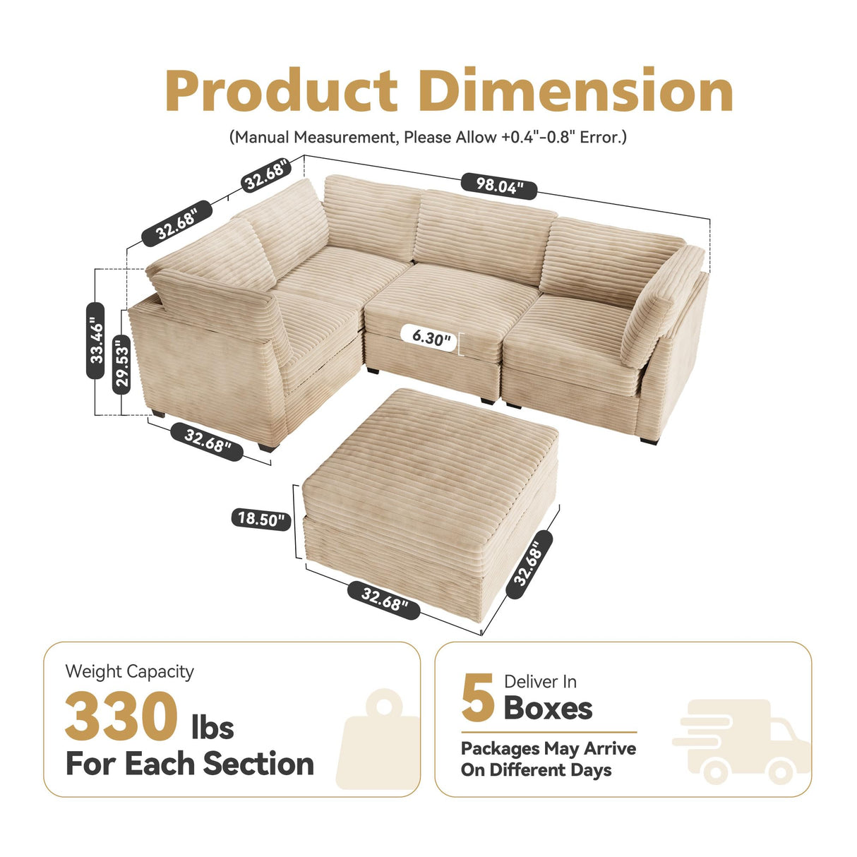 CAODOC Modular Sectional Sofa with Chaise, U-Shaped 5-Seater Cloud Couch for Living Room, Plush Corduroy Fabric, Includes Movable Ottoman, Beige CAODOC