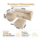 CAODOC Modular Sectional Sofa with Chaise, U-Shaped 5-Seater Cloud Couch for Living Room, Plush Corduroy Fabric, Includes Movable Ottoman, Beige CAODOC