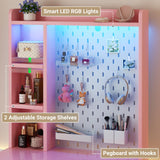 Besiost Small Vanity Desk with Hutch and Drawers, Pink Makeup Vanity Desk with Charging Station, Vanity Table Dressing Table with LED Lights, Vanity Desk No Mirror with Pegboard for Girls Women, 24" Besiost