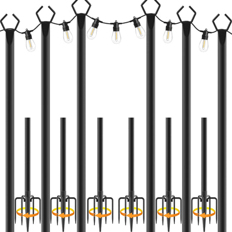 6 Pack 10 ft Heavy Duty Metal String Light Poles Adjustable Outdoor Lighting Stand for Patio,Backyard,Garden,Party & Wedding Rustproof & Sturdy with Hooks talkhigh