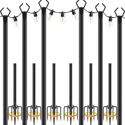 6 Pack 10 ft Heavy Duty Metal String Light Poles Adjustable Outdoor Lighting Stand for Patio,Backyard,Garden,Party & Wedding Rustproof & Sturdy with Hooks