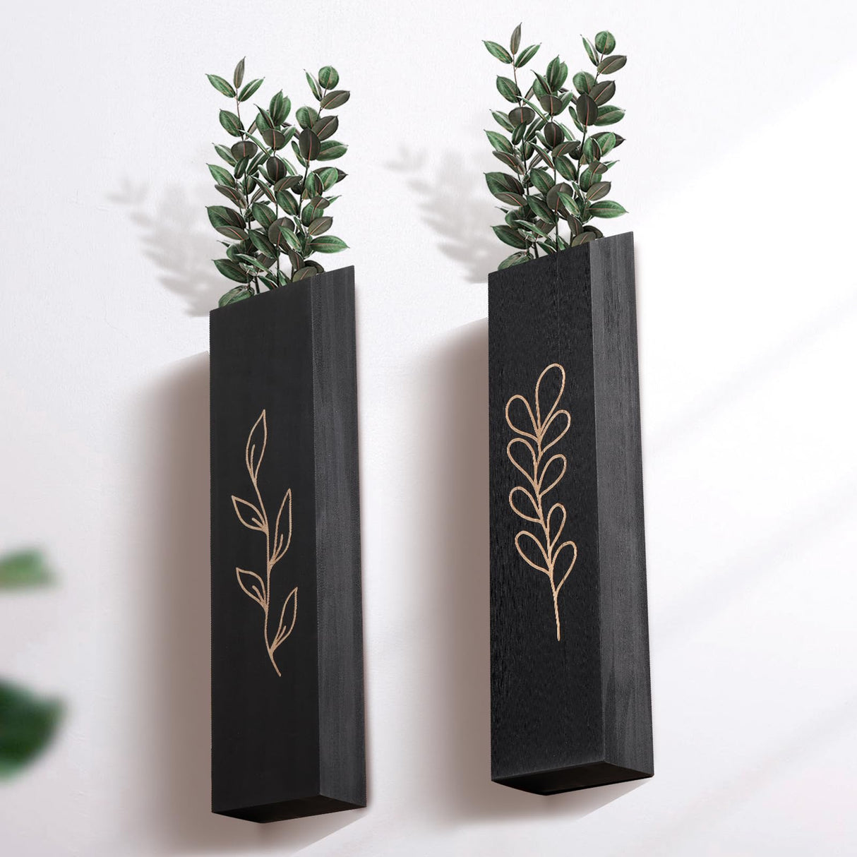 Wood Wall Planter, Farmhouse 4 Pack Indoor Pocket Wall Vases Decor for Living Room Bedroom Dried Flowers Faux Greenery Plants (Black) BOTOP
