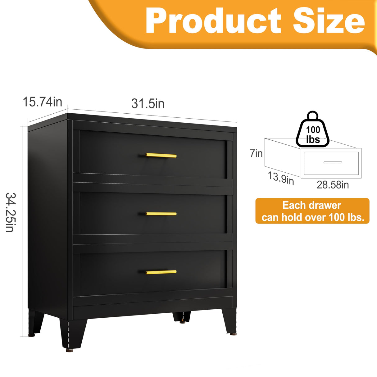KAIFAM Metal Dresser, Black Small Dresser for Bedroom, 34.25" H Dressers & Chests of Drawers, 3 Drawer Dressers for Living Room, Entryway, Hallyway (Black, 3 Drawers) KAIFAM