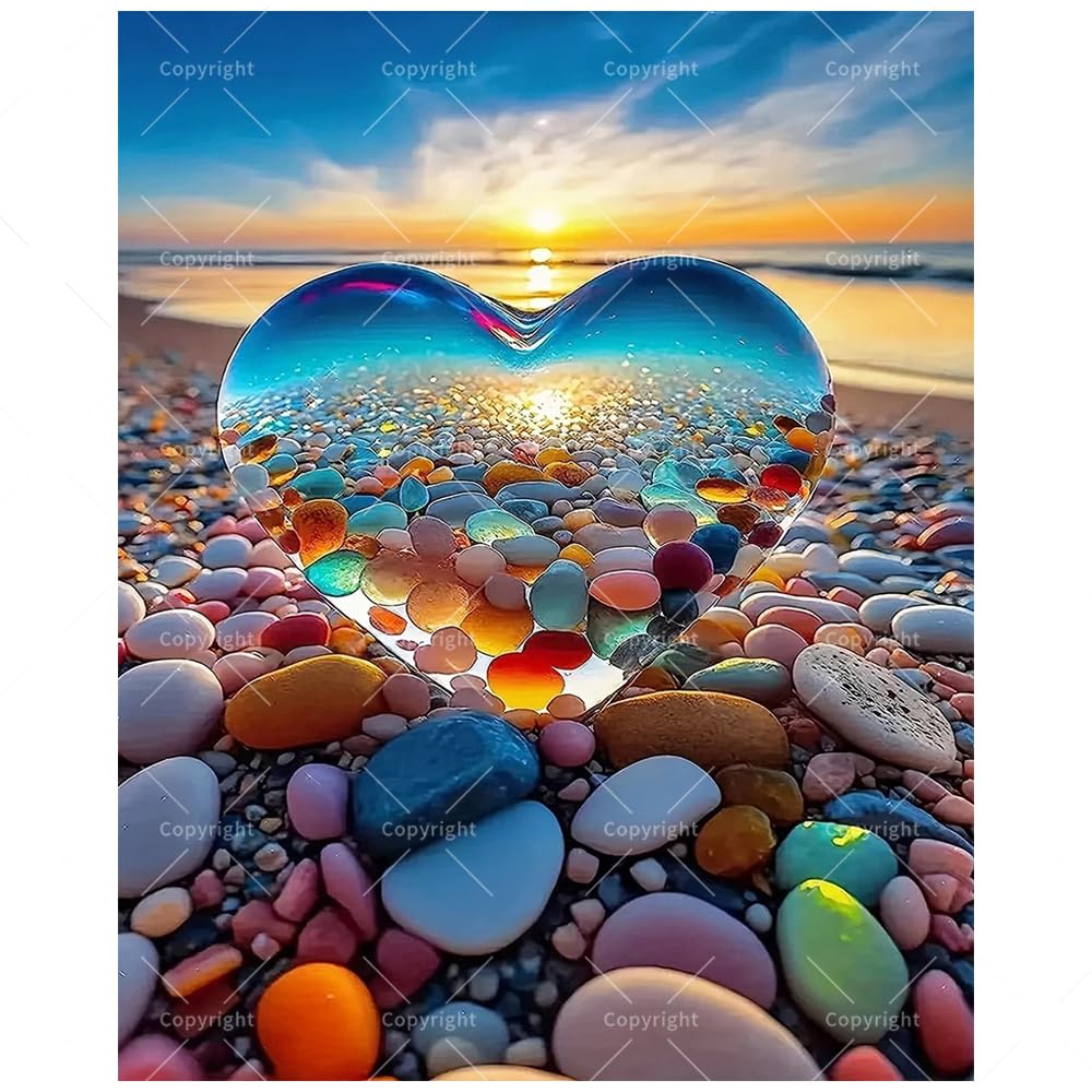 Romantic Paint by Numbers Kit for Adults - DIY Heart Glass and Pebble Beach Sunset Painting on Canvas 16x20 Inches,Acrylic Paint Set,Suitable for Beginners,Love Art for Home Decoration/Gifts TAOPAOLAB