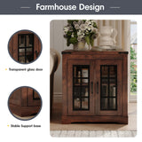 Fameill Farmhouse End Table with LED Lights,Sofa Side Table with Glass Barn Door,Wood Square Nightstand Bedside Table for Living Room,Bedroom,24" Large with Adjustable Storage Shelf,Brown Fameill