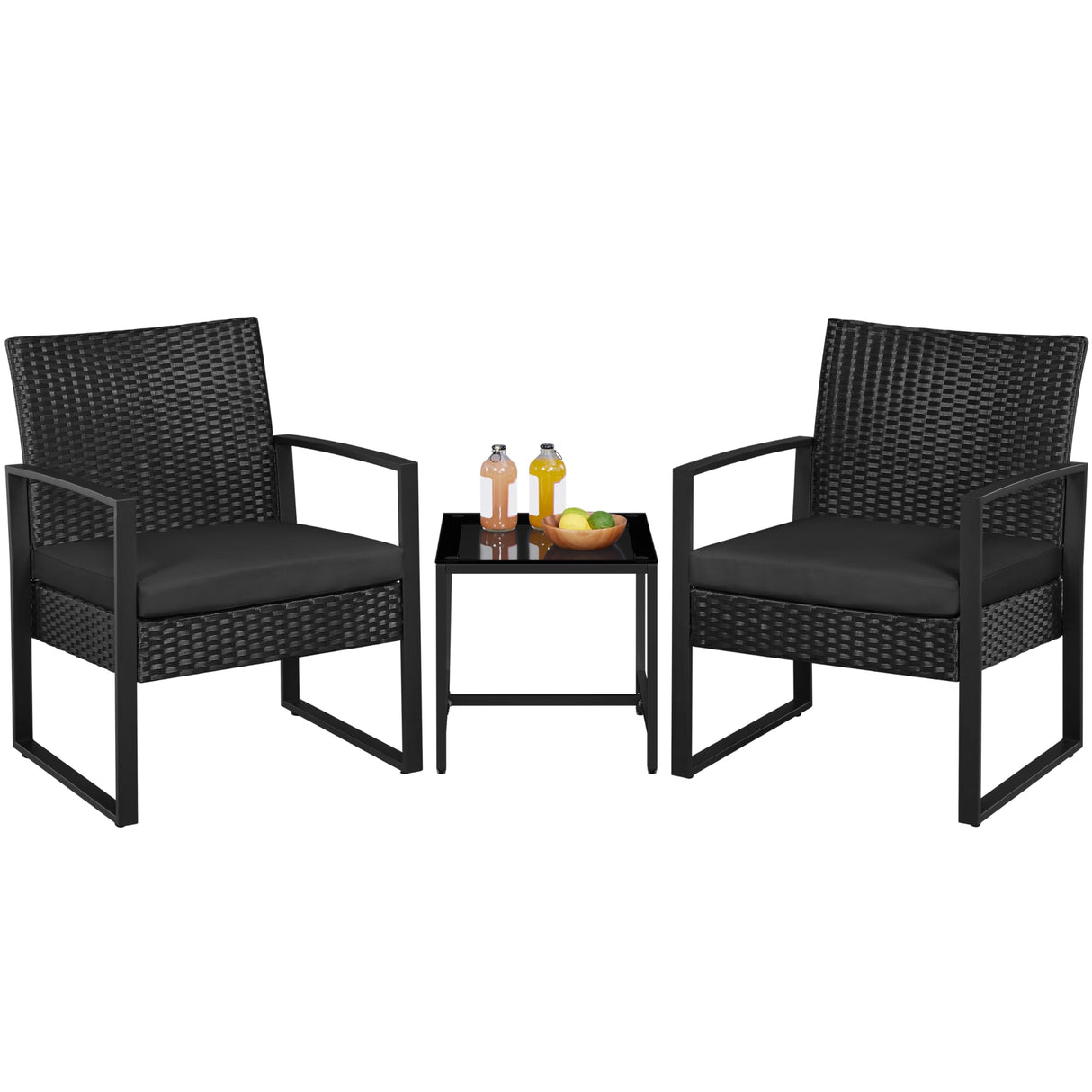 Yaheetech 3 Pieces Rattan Bistro Set, Indoor/Outdoor Wicker Patio Modern Conversation Furniture, 2 Chairs & Tempered Glass Coffee Table for Garden, Balcony, Backyard, Poolside, Black Yaheetech