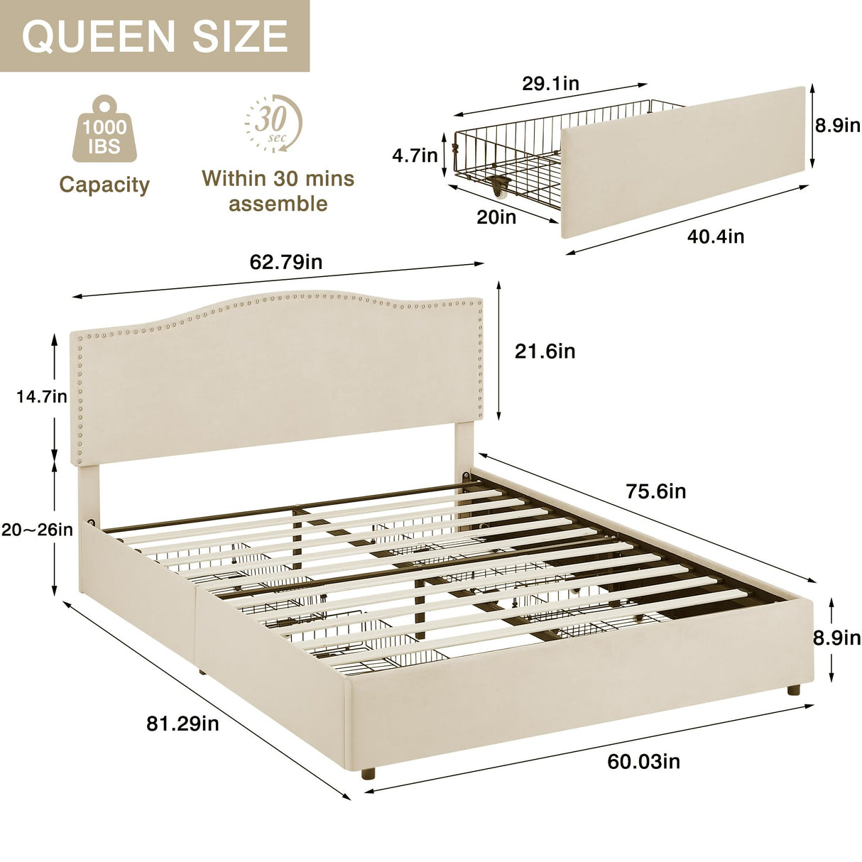 VECELO Queen Bed Frame, Platform Bed Frame with Underbed Storage Drawers and Adjustable Height Upholstered Headboard, Heavy-Duty Frame and Strong Wooden Slats Support, Noise-Free, Easy Assembly, Beige VECELO