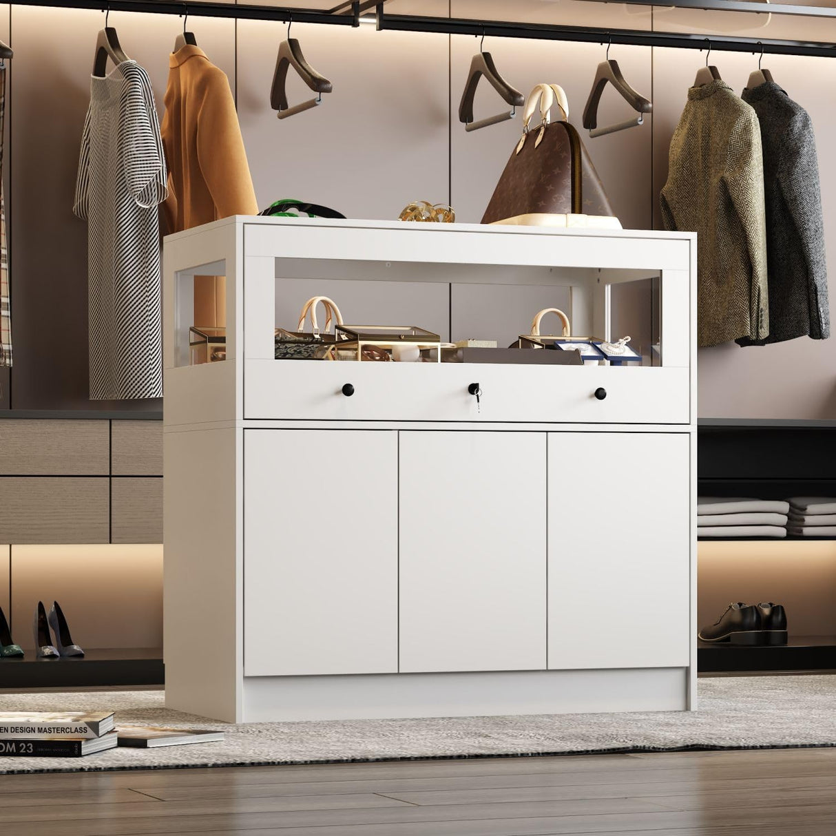 TAMUNE Armoire Bedroom Island Wardrobe Closet Island with Glass Drawer & 3 Doors, Island Glass Dresser Closet Island for Bedroom Cloakroom Store White (39.3”W x 19.6”W x 39.3”H) TAMUNE
