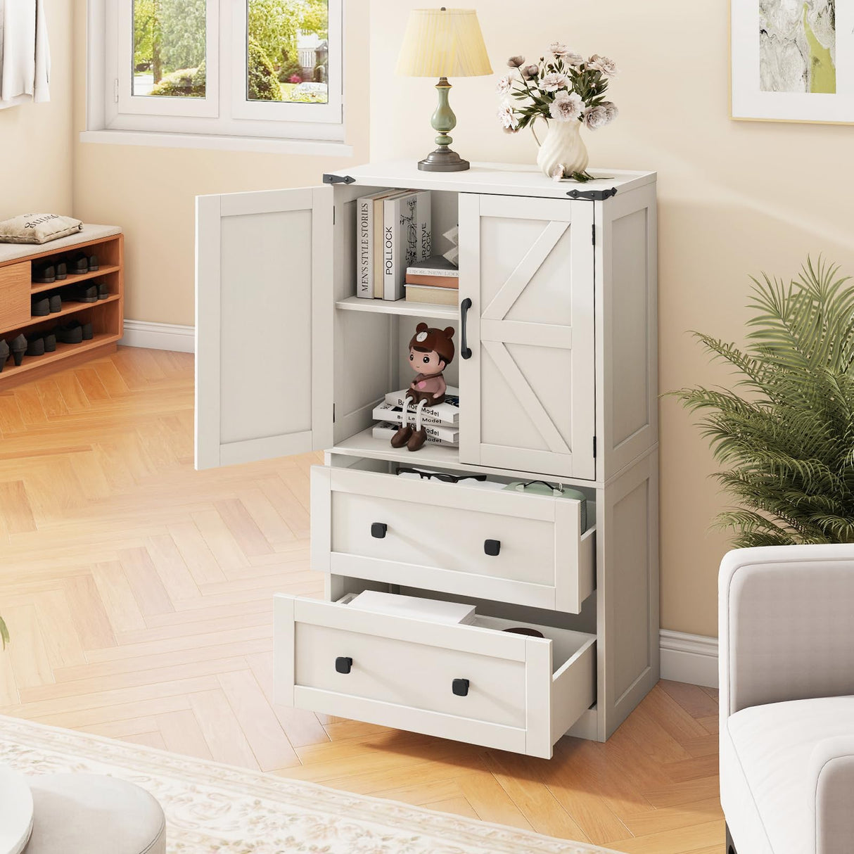 Farmhouse Bathroom Storage Cabinet with 2 Big Drawers and Barn Doors, Kitchen Pantry, Freestanding Storage Cabinet with Adjustable Shelves for Bathroom, Living Room, Kitchen.(Antique White) Befrases