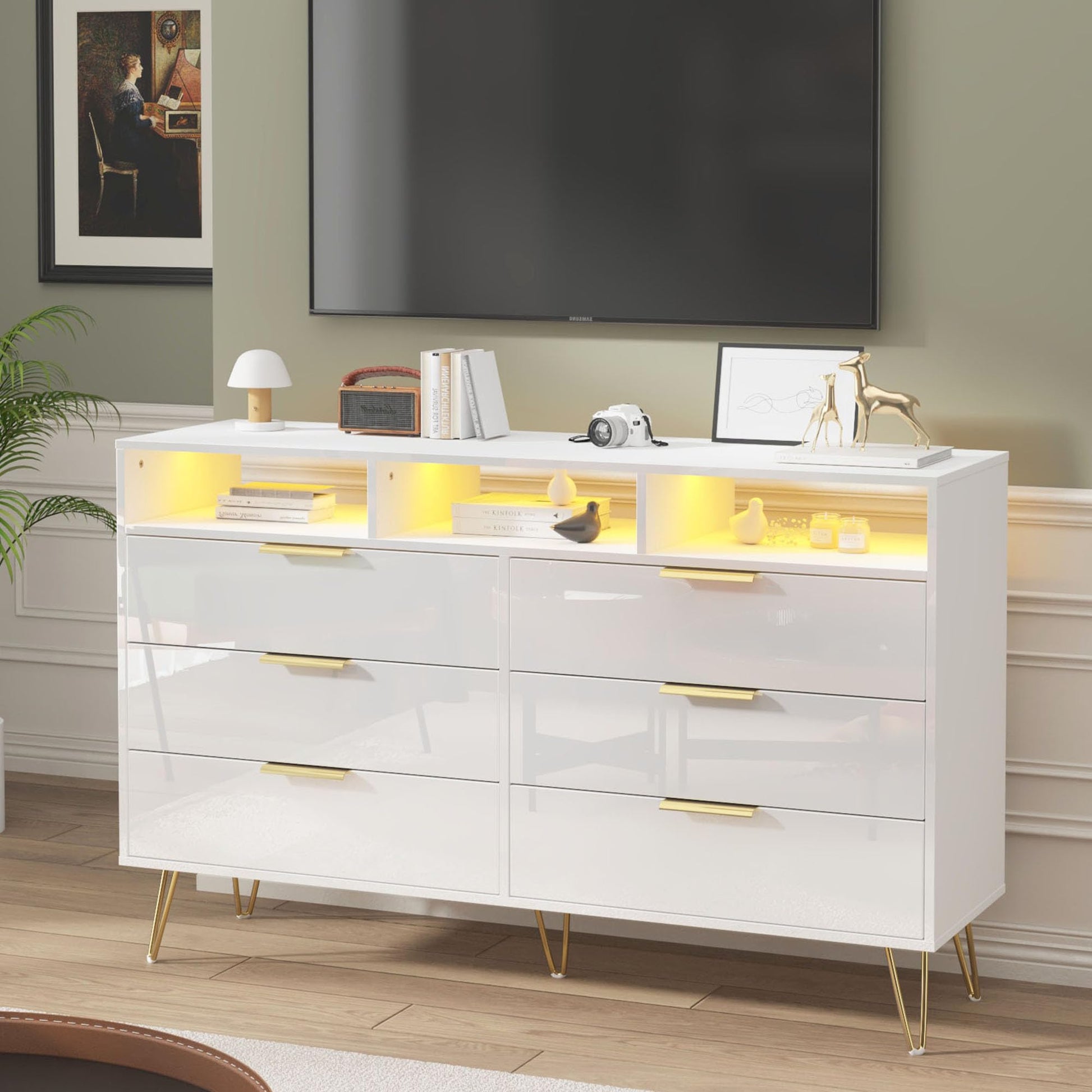 Hlivelood White Dresser for Bedroom with LED Lights, 6 Drawer Dresser with Gold Legs, High Gloss Modern Wide Dressers & Chests of Drawers, Living Room, Hallway, 55 Inch - WoodArtSupply