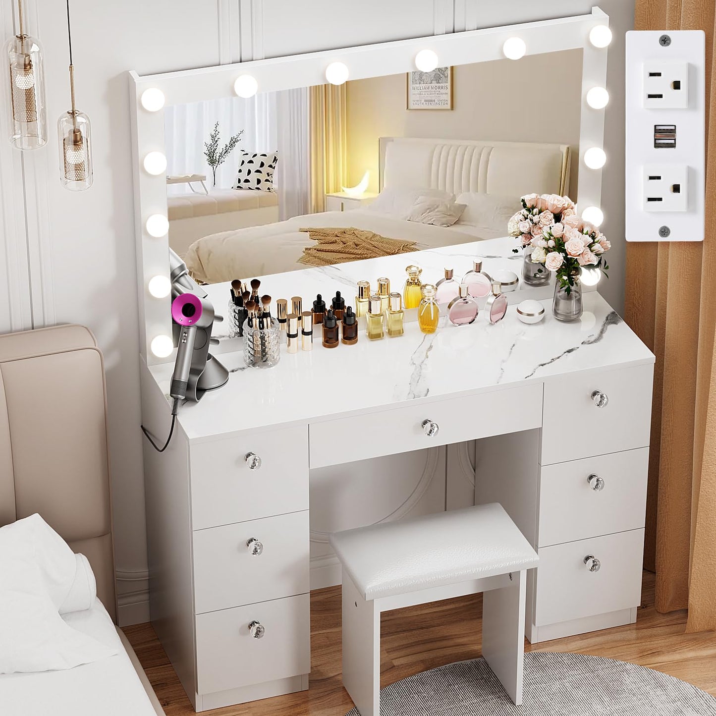 VOWNER Vanity with Lighted Mirror - Makeup Vanity Desk with Power Outlet and 7 Drawers, 3 Color Lighting Modes Adjustable Brightness, 44" Vanity Table with Soft Cushioned Stool for Women Girls, Marble