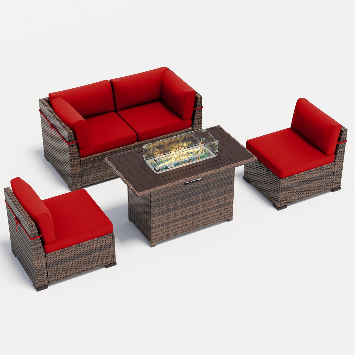 Amopatio 5 Pieces Patio Furniture Set with Fire Pit Table, Outdoor Furniture Sectional Rattan Sofa with Slanted Back, Wine(Include 2 Waterproof Cover) Amopatio