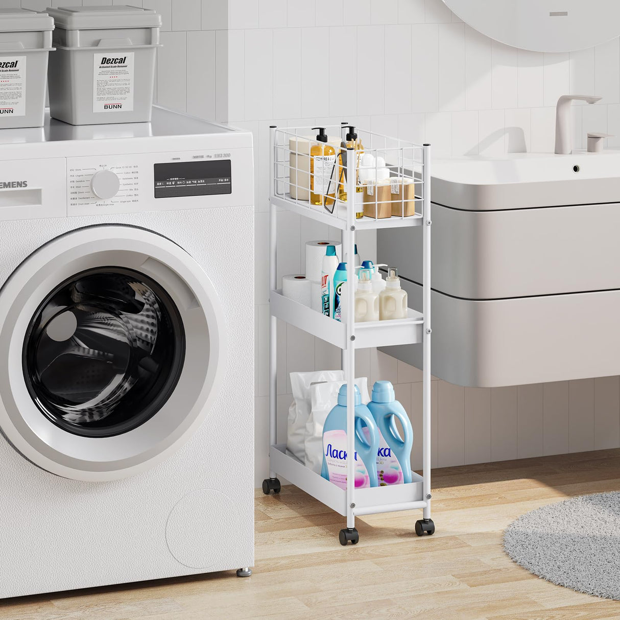 KINGRACK 3-Tier Rolling Utility Cart with Wheels, Metal Slim Storage Cart, Multifunctional Storage Organizer, Rolling Storage Cart for Kitchen, Office, Bathroom, Narrow Place, White KINGRACK