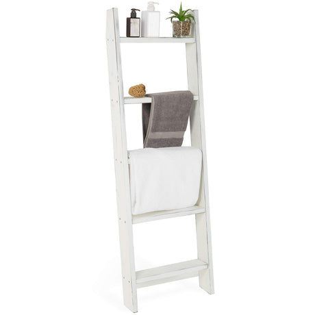 MyGift Vintage White Wood Decorative Ladder Shelf, 4.5 Foot Wall Leaning Wooden Towel Blanket Ladder Storage Rack for Bathroom or Living Room MyGift