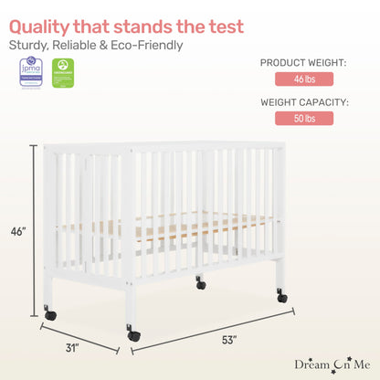 Dream On Me Quinn Full-Size Folding Crib In White, Removeable Wheels, Modern Nursey, Adjustable Mattress Support, Portable Crib, Patented Folding System - WoodArtSupply