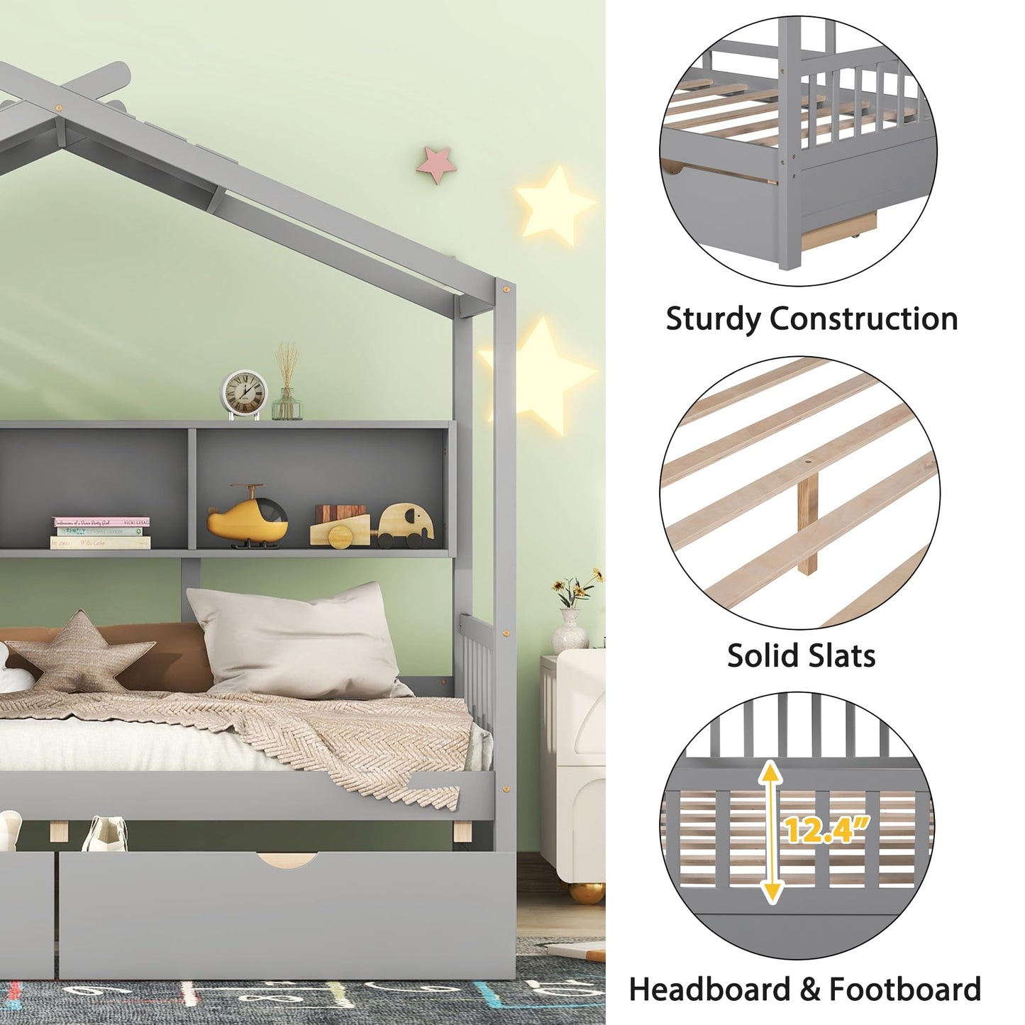 Bellemave Twin Size Kids House Bed Frame with Storage Drawers and Shelves - Gray - WoodArtSupply