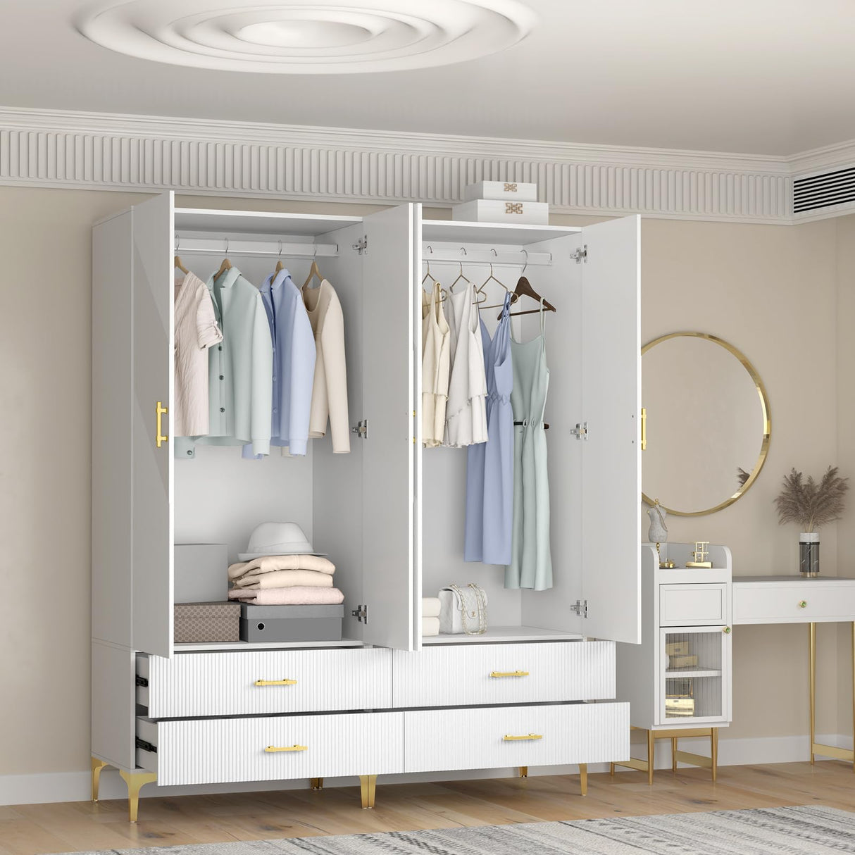 vinform Wardrobe Armoire with 4 Doors, 4 Drawers and 2 Hanging Rods, Twill Wood Closet Storage with Metal Cabinet Legs, White 20.4" D x 63" W x 76.77" H (V Modern) vinform