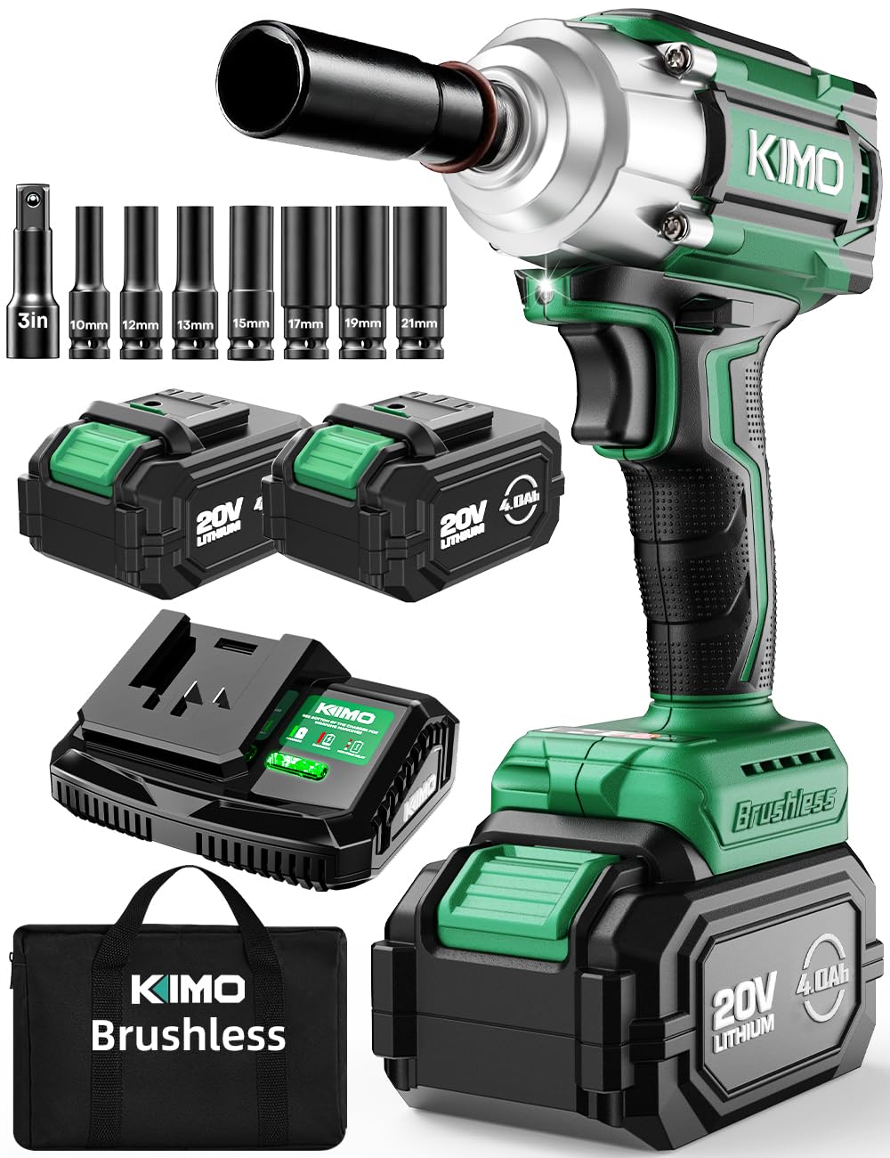 KIMO Impact Wrench 1/2 Cordless,550N.m/406ft-lbs Max Torque & 3000RPM, 2x20V 4.0Ah Battery, Impact Gun with 7 Drive Impact Sockets, 3 Inch Extension Bar, 1 Hour Fast Charger Impact Drill for Car Tires K I M O.