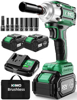 KIMO Impact Wrench 1/2 Cordless,550N.m/406ft-lbs Max Torque & 3000RPM, 2x20V 4.0Ah Battery, Impact Gun with 7 Drive Impact Sockets, 3 Inch Extension Bar, 1 Hour Fast Charger Impact Drill for Car Tires K I M O.