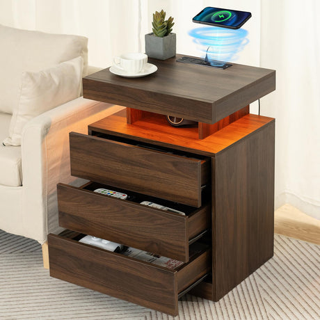 HOMMPA Rustic Brown Nightstand with Wireless Charging Station Walnut Wood LED Bedside Table with 3 Drawers End Table Smart Nightstand USB with Led Light Tall Night Stand with Open Shelf for Bedroom HOMMPA