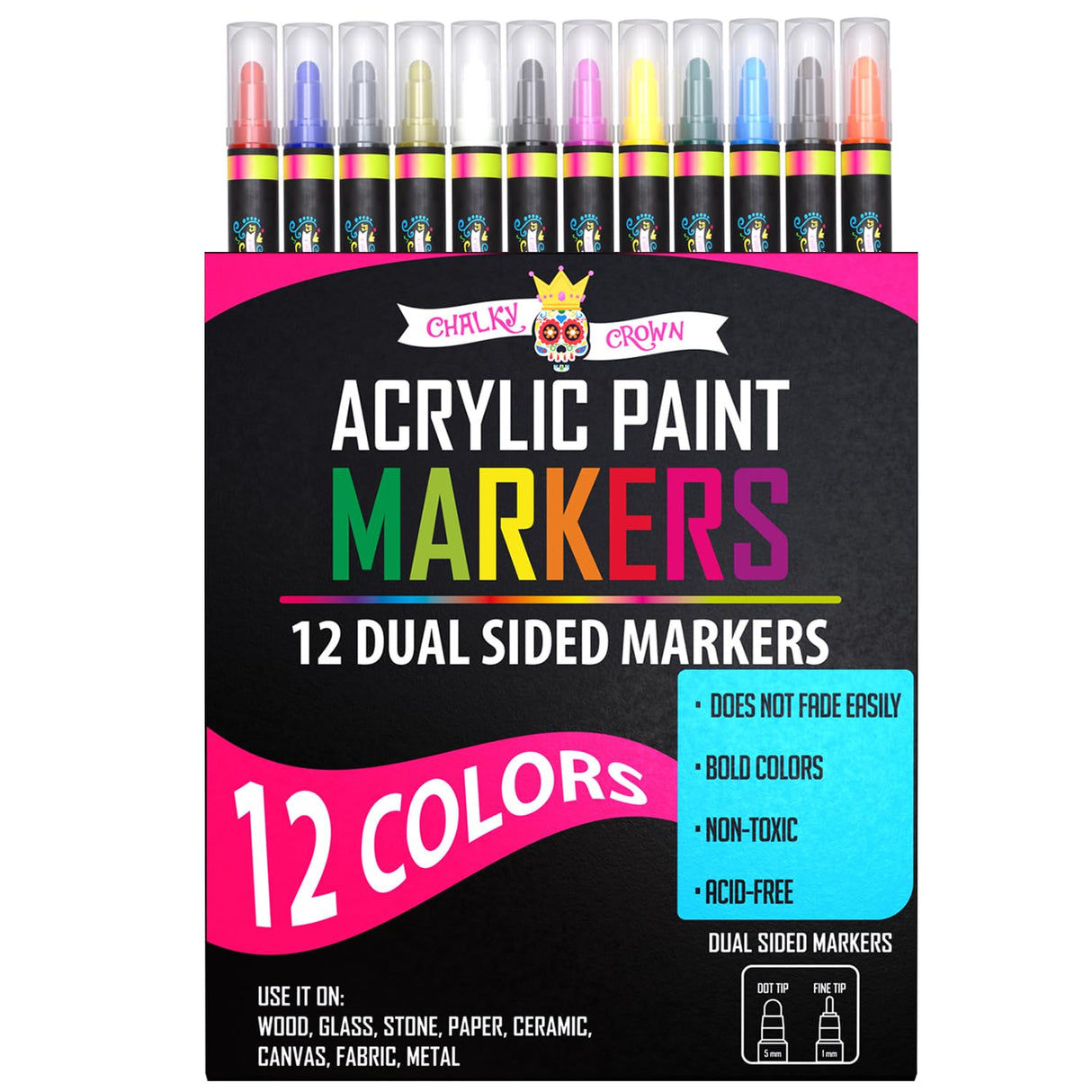 Acrylic Paint Markers Dual Tip (12 Pack) - Acrylic Markers Paint Pens for Rocks - Bold Acrylic Paint Pens Fine Tip and Dot Tip - Fabric Makers Permanent for Clothes Water Based Markers - Chalky Crown CHALKY CROWN