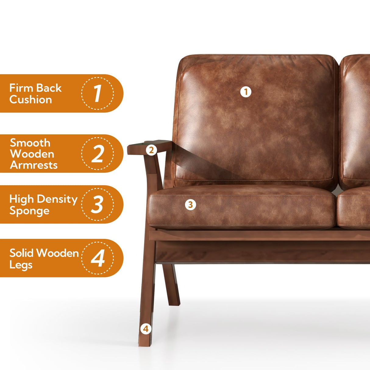 Bonzy Home 51.6" Loveseat Sofa Mid-Century Faux Leather Accent Chair, Upholstered 2-Seat Couch Loveseat with Solid Wood Frame and Cushions, Small Sofa Couch Armchair for Living Room, Bedroom,Brown Bonzy Home