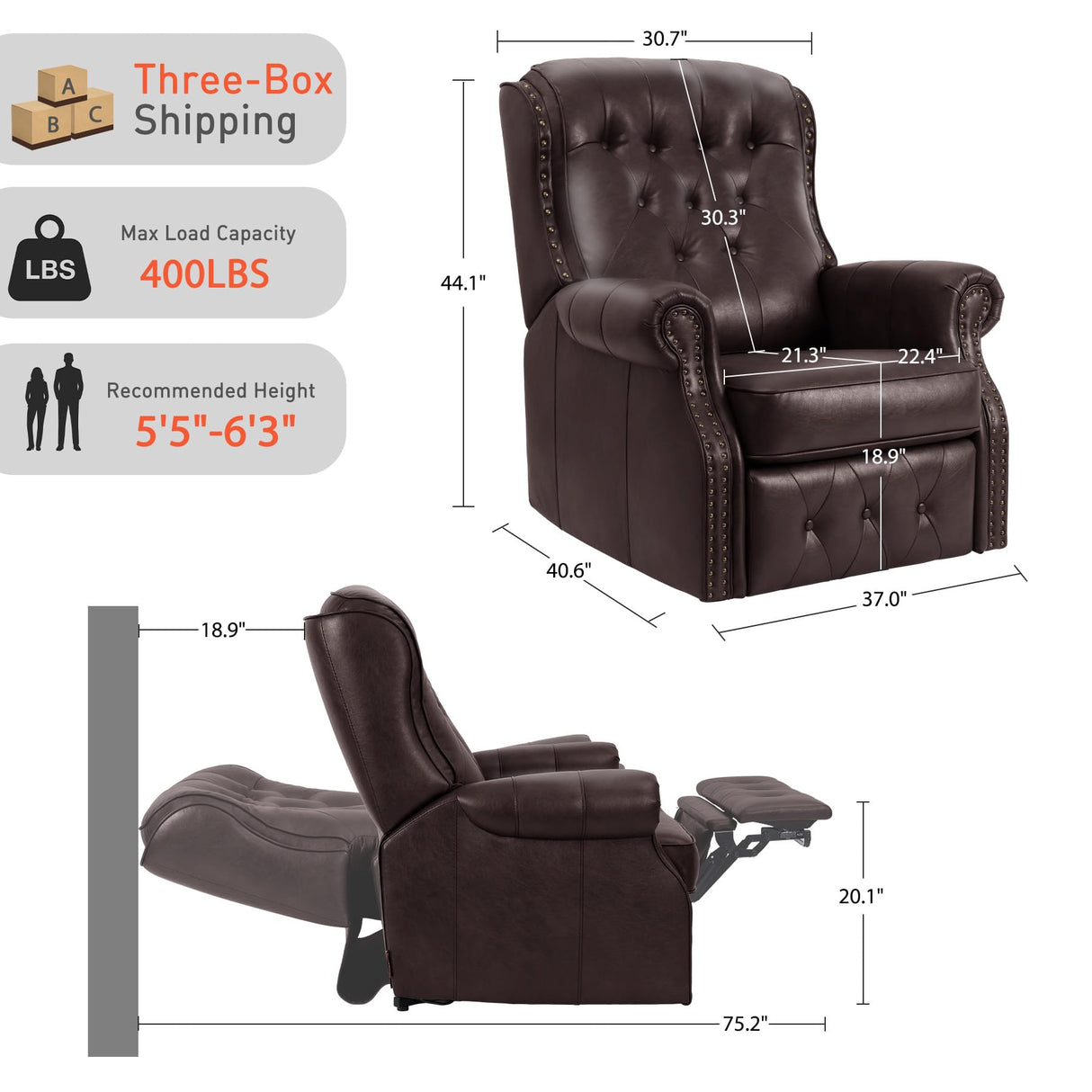 EONIX Dual Motor Lay Flat Power Recliner Chair, Mid Century Wingback Recliner with Independent Adjustable Backrest and Extended Footrest, 400lbs Heavy Duty, Breathable Faux Leather, Dark Brown EONIX