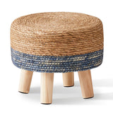 Wimarsbon Round Foot Stool Natural Seagrass Poufs Ottoman Hand Weave Footrest Stool for Couch Desk Extra Seat Step Stool with Solid Wood Legs for Hallway Patio Lounge Blue Wimarsbon