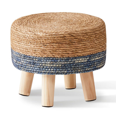 Wimarsbon Round Foot Stool Natural Seagrass Poufs Ottoman Hand Weave Footrest Stool for Couch Desk Extra Seat Step Stool with Solid Wood Legs for Hallway Patio Lounge Blue