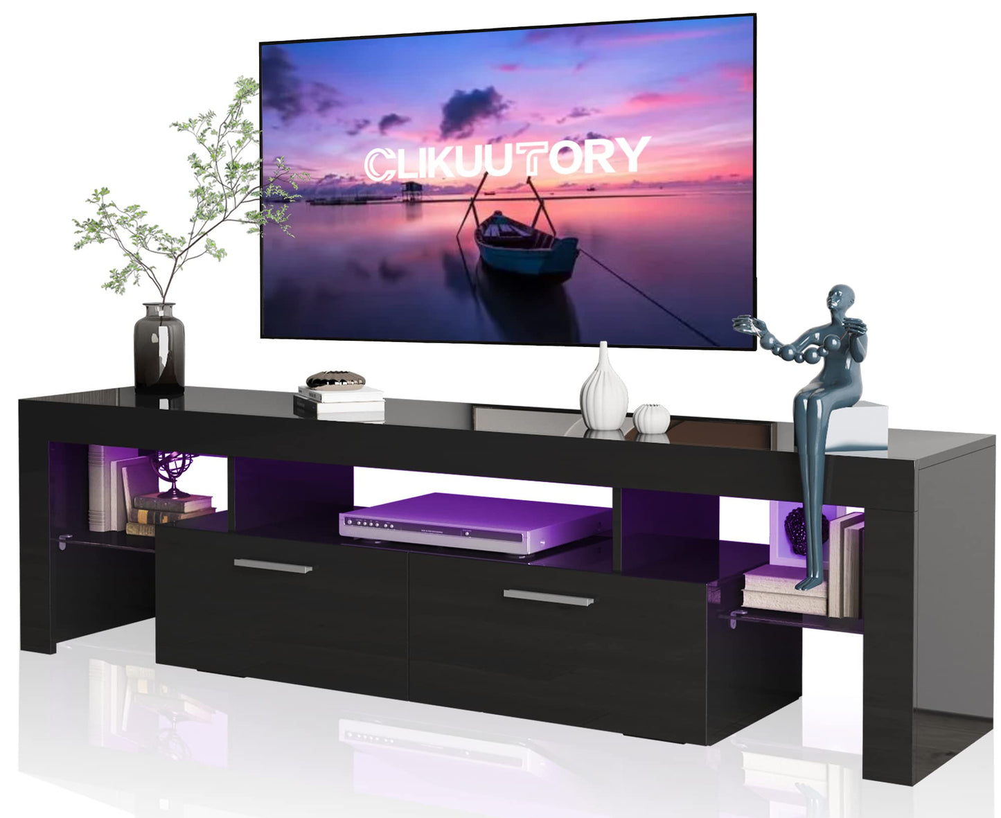 Clikuutory Modern LED 63 inch Long TV Stand with Large Storage Drawer for 50 55 60 65 70 75 Inch TVs, Black Wood TV Console with High Glossy Entertainment Center for Living Room, Bedroom, Black