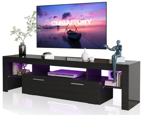Clikuutory Modern LED 63 inch Long TV Stand with Large Storage Drawer for 50 55 60 65 70 75 Inch TVs, Black Wood TV Console with High Glossy Entertainment Center for Living Room, Bedroom, Black Clikuutory