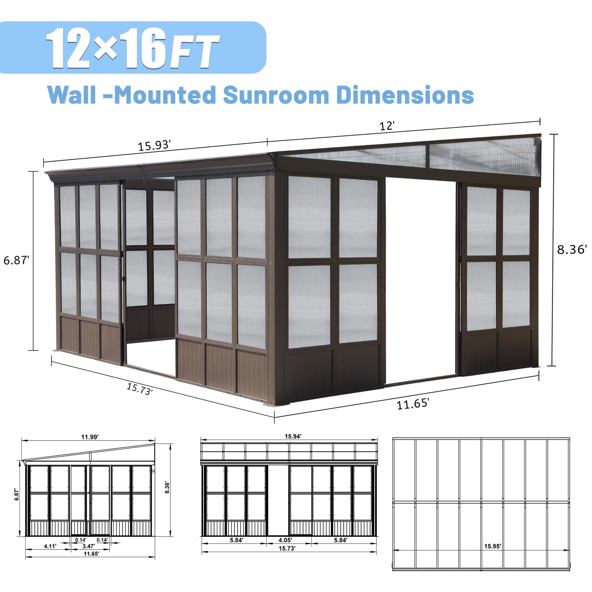 Domi 12x16FT All Season Sunroom, Outdoor Permanent Wall Mounted Solarium with Detachable Polycarbonate Windows, Aluminum Lean to Gazebo Sun Room with 2 Lockable Sliding Doors for Garden Patio - WoodArtSupply