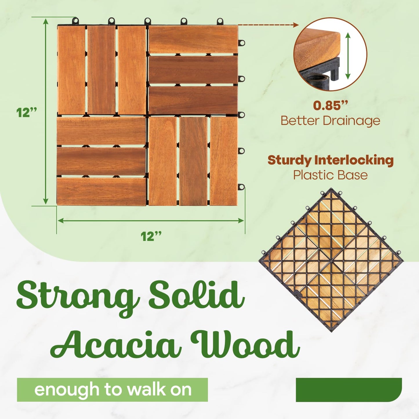 Premium Acacia Interlocking Deck Tiles – Durable Hardwood and All-Weather Waterproof Flooring for Patios, Balconies, Gardens, and Outdoor Spaces, Golden Teak (Checker Pattern) - WoodArtSupply