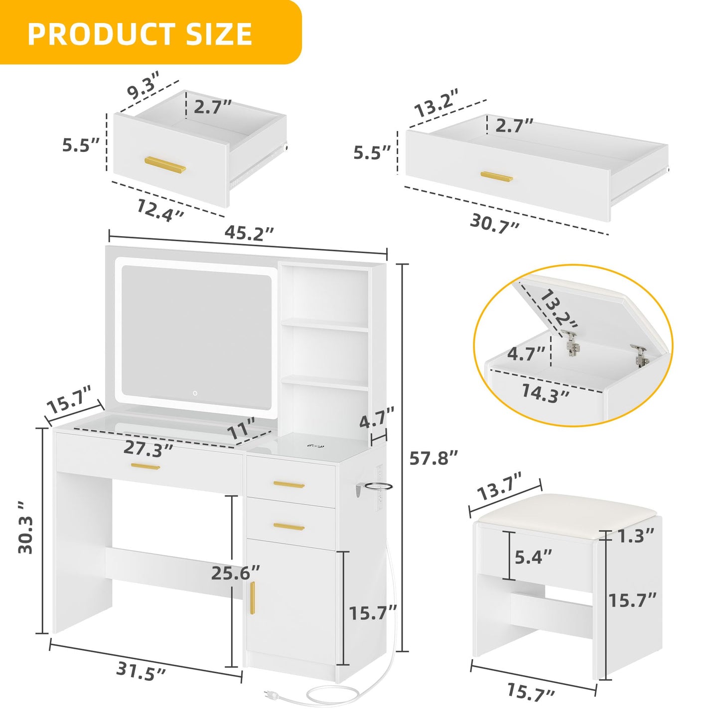 YITAHOME Vanity Desk Set, with Wireless Charging Station &Power Outlet, Vanity Mirror with Tempered Glass Top & Large Storage Spaces Vanity Table Set, White