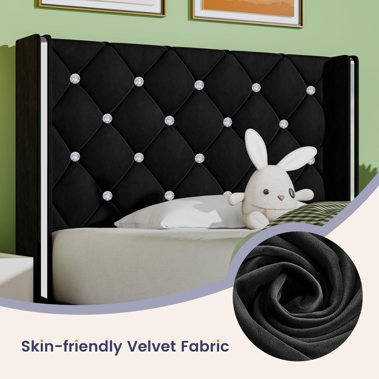 HOMBCK Twin Bed Frames, Upholstered Platform Bed with Diamond Tufted Headboard, Modern Velvet Bed Frame with Wingback Design, No Box Spring Needed, Easy Assembly, Black HOMBCK