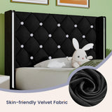 HOMBCK Twin Bed Frames, Upholstered Platform Bed with Diamond Tufted Headboard, Modern Velvet Bed Frame with Wingback Design, No Box Spring Needed, Easy Assembly, Black HOMBCK