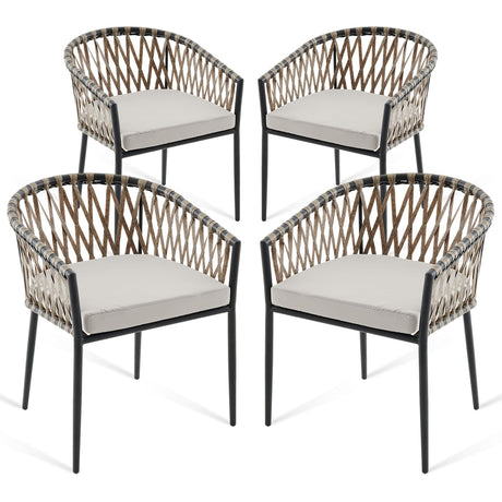 Thinlute Patio Dining Chairs Set of 4, Outdoor Rattan Wicker Chair with Armrest and Cushions, All-Weather Bistro Chairs with Curved Back for Garden, Backyard, Porch, Poolside, Deck, Gray Thinlute