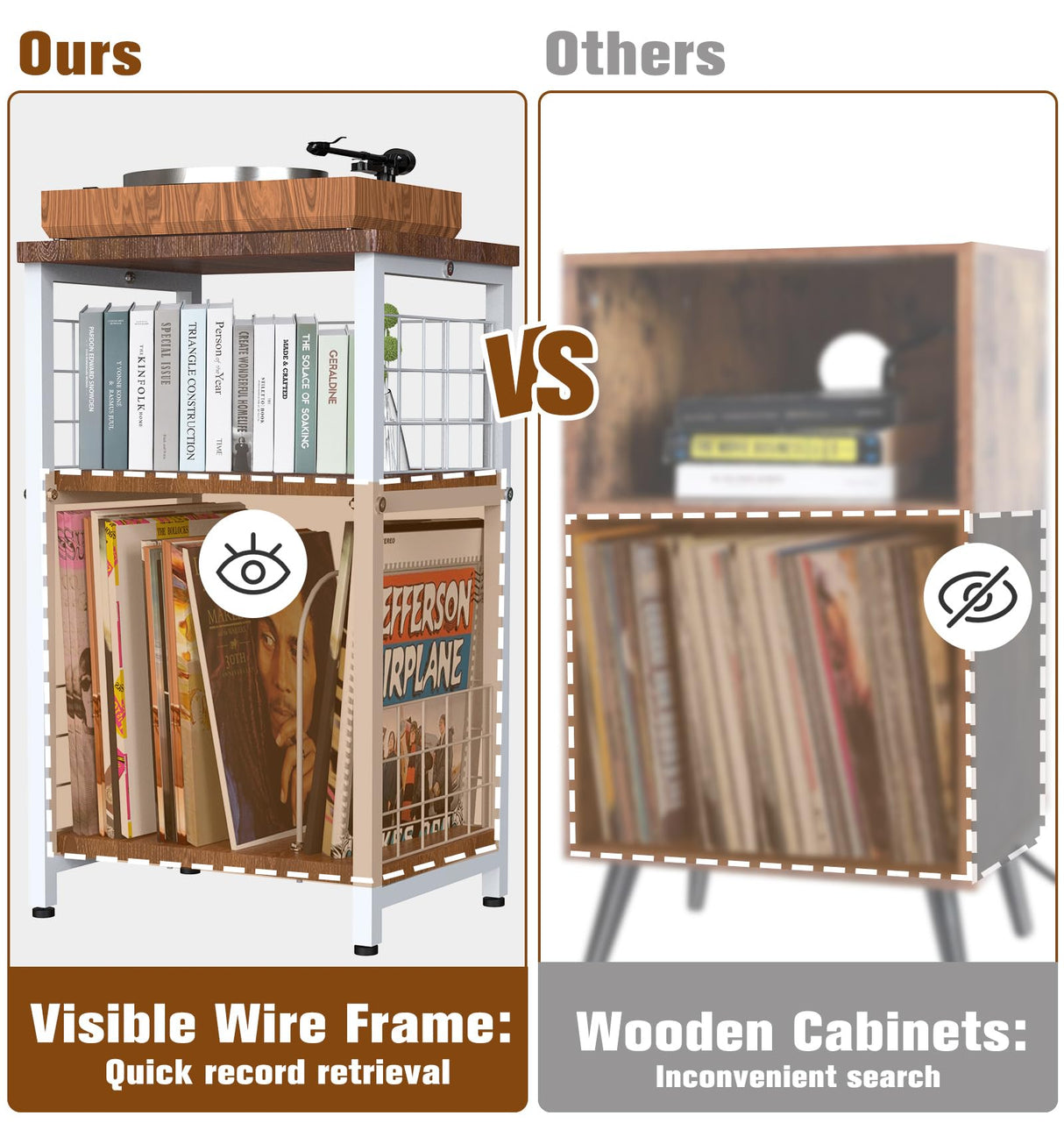 Tuohours Record Player Stand, 3 Tier End Table with Double Layer Iron Wire Mesh Turntable Stand Vinyl Record Table Storage Up to 100 Albums, Nightstand Small Side Table for Living Room Bedroom, White Tuohours