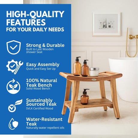 EcoDecors 24 Inch Harmony Natural Color Waterproof Teak Wood Shower Bench Stool Seat Chair For Inside Shower Storage Shelf Provides Safety, Storage, and Organization For Bathroom Accessories EcoDecors