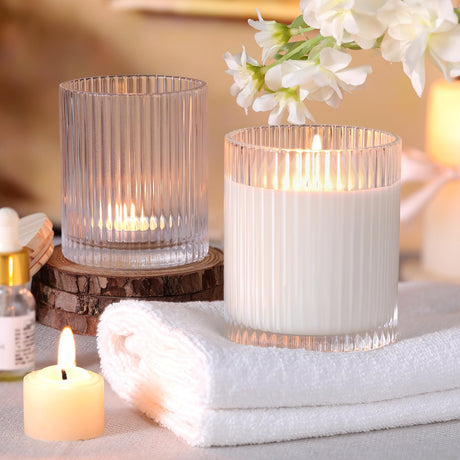 sunnyfuture 10 OZ Clear Candle Jars for Making Candles Set of 8, Ribbed Glass Candle Jars with Wood Lids and Labels, Candle Containers for DIY, Gifts, Home Decoration sunnyfuture