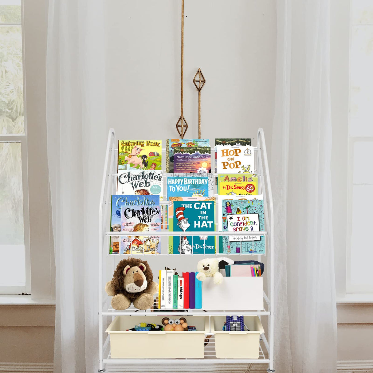 aboxoo Metal Kids Bookshelf Freestanding for Children Room 25 inches Toddler White Bookcase Toy Organizer Stable Bookcase Bookstore Library Book Unit Storage for Small Place aboxoo