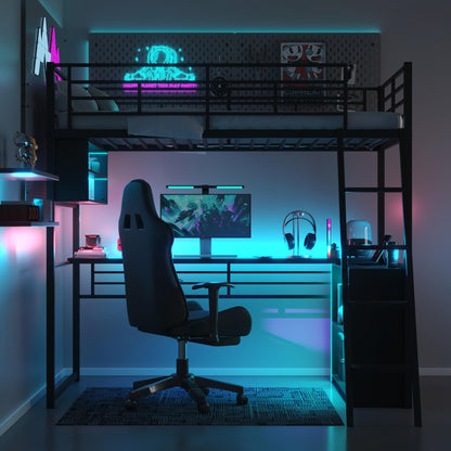 Twin Size Gaming Loft Bed with Desk, LED and 4 Storage Shelves, Metal Twin Loft Bed Frame, High Loft Bed Frame with Storage, Noise-Free, Space-Saving, No Box Spring Needed, Black