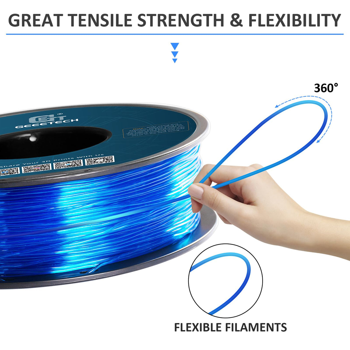 Geeetech TPU Filament 1.75mm, Shore 95A Flexible 3D Printer Filament with High Elasticity, 1KG (2.2lbs) Spool, Dimensional Accuracy ±0.03mm, Fits Most FDM Printers, Clear Blue Geeetech