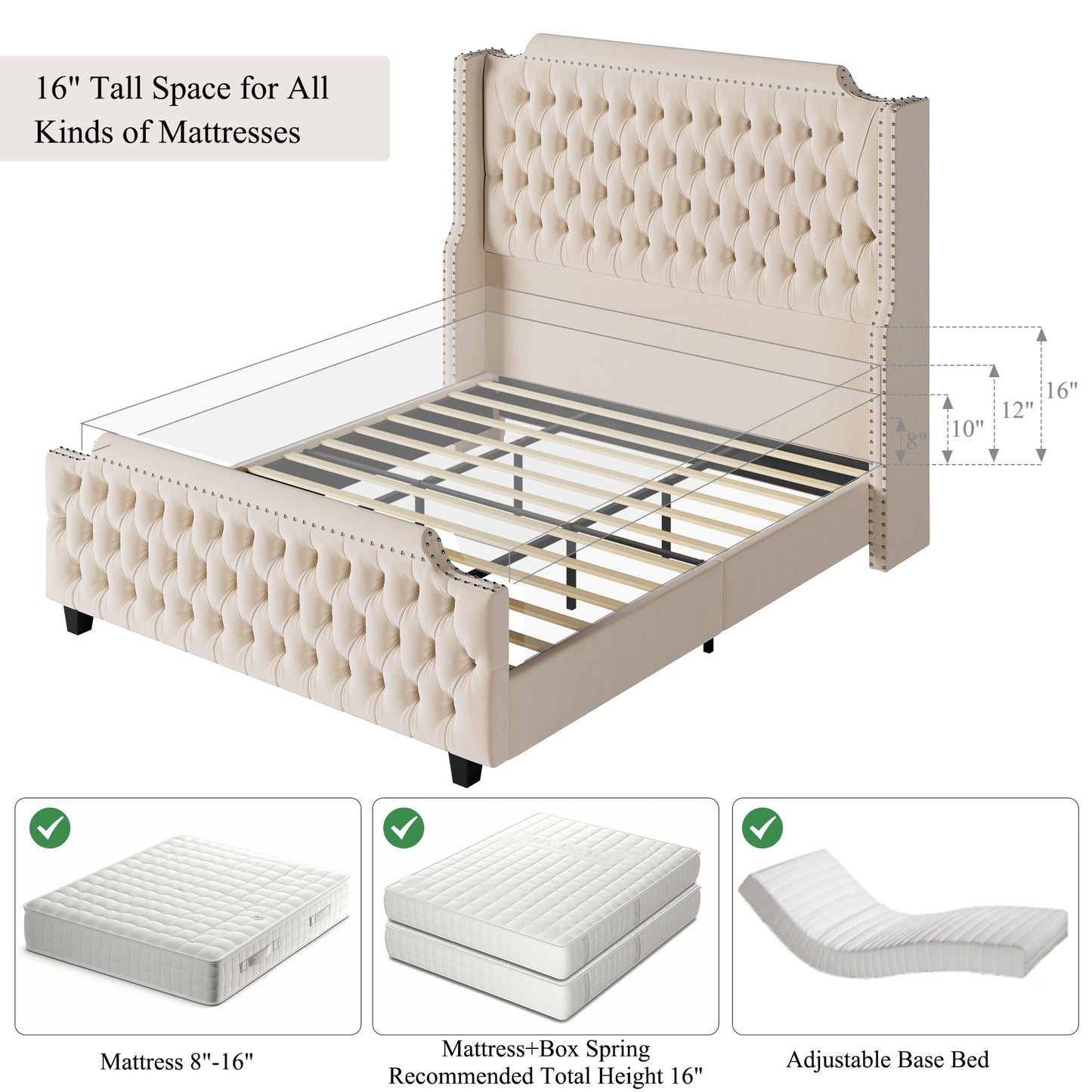 HOSTACK Velvet King Size Platform Bed Frame with 54" Wingback Headboard and Button-Tufted Footboard in Cream - WoodArtSupply