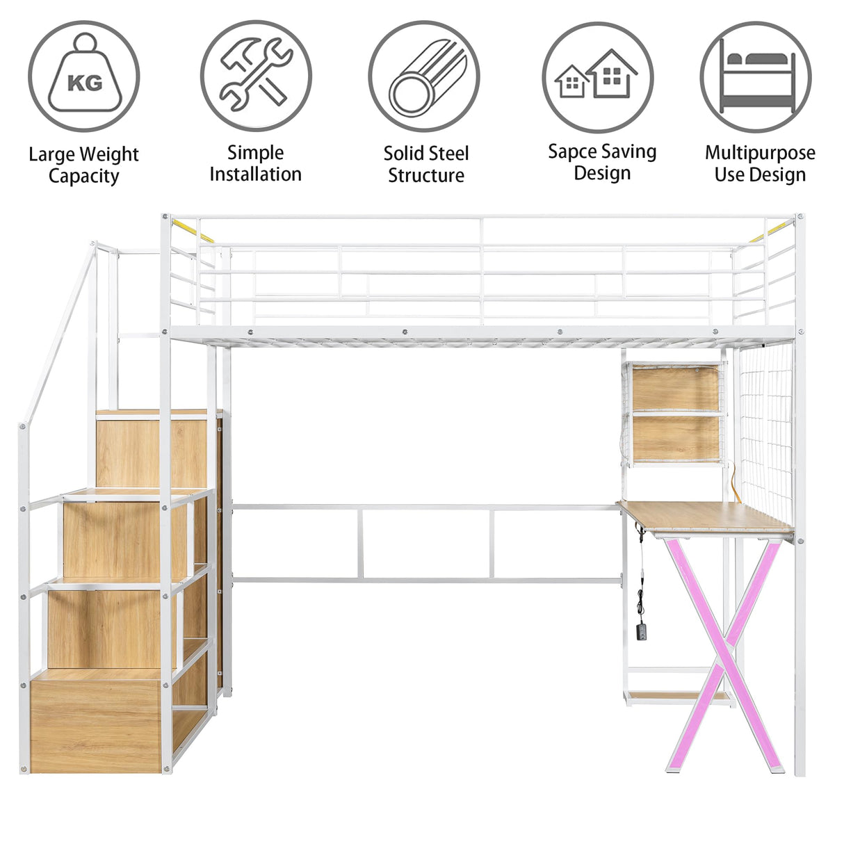 MoproBeti Full Size Loft Bed with Desk and Storage Stairs,Metal Gaming Loft Bed Full with LED Lighting, High Loft Bed with Wardrobe and Shelves for Boys,Girls,Teens, Adults,White MoproBeti