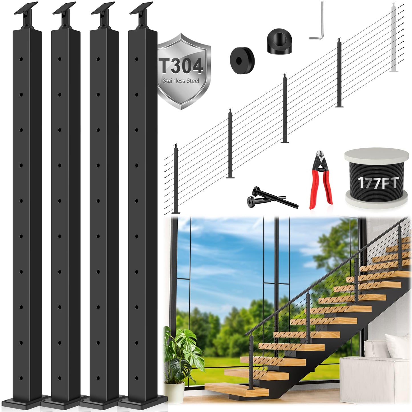 Zylorix 36" One-Stop Black Cable Railing Posts Kit(Super Easy DIY), Include 4Pack Stair Posts for 25-35°Stairway, 177ft Wire Rope, Complete Cable Railing System DIY Kit with Cutter(No Handrail)