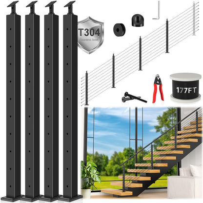 Zylorix 36" One-Stop Black Cable Railing Posts Kit(Super Easy DIY), Include 4Pack Stair Posts for 25-35°Stairway, 177ft Wire Rope, Complete Cable Railing System DIY Kit with Cutter(No Handrail)