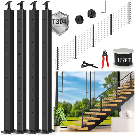 Zylorix 36" One-Stop Black Cable Railing Posts Kit(Super Easy DIY), Include 4Pack Stair Posts for 25-35°Stairway, 177ft Wire Rope, Complete Cable Railing System DIY Kit with Cutter(No Handrail)