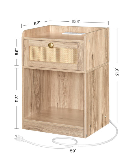 CHOEZON Nightstand with Charging Station, Side Table with Rattan-Style Drawer and Storage Shelf, Modern Rattan Night Stand with 2 USB Ports, Boho End Table Bedside Table for Bedroom, Natural MBZ01UWO CHOEZON