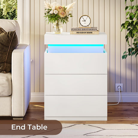 BTHFST Nightstand with Charging Station and LED Lights, Led Nightstand with Sliding Top,Night Stand with Drawers, Modern End Table Side Table with USB Ports and Outlets,White BTHFST